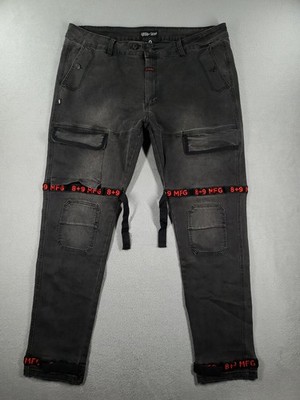 8&9 Mfg Jeans Mens 42x33 Black Tapered Cargo Shuttle Straps Faded Denim USA