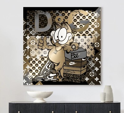 LEINWAND BILD BIS 100x100x5 LV GARFIELD KATZE POP-ART SCHWARZ GRAU GOLD-OPTIK DG