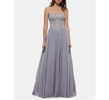 Blondie Nites Junior Womens 3 Gray Strapless Jewel Embellished Lace Up Gown NWD