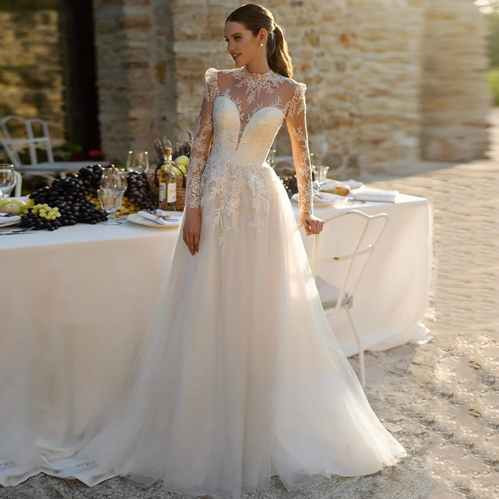 Boho Wedding Dresses High Neck Full Sleeves Illusion Applique A Line Bridal  Gown | eBay