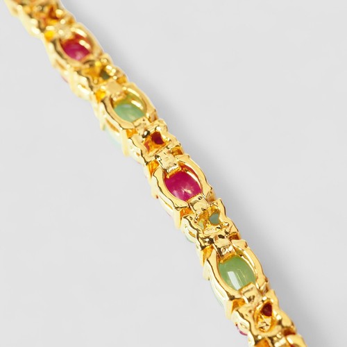 Velvety Ruby & Emerald Oval 925 Sterling Silver 24K Gold Plated Bracelets 8.0 In - Picture 7 of 10