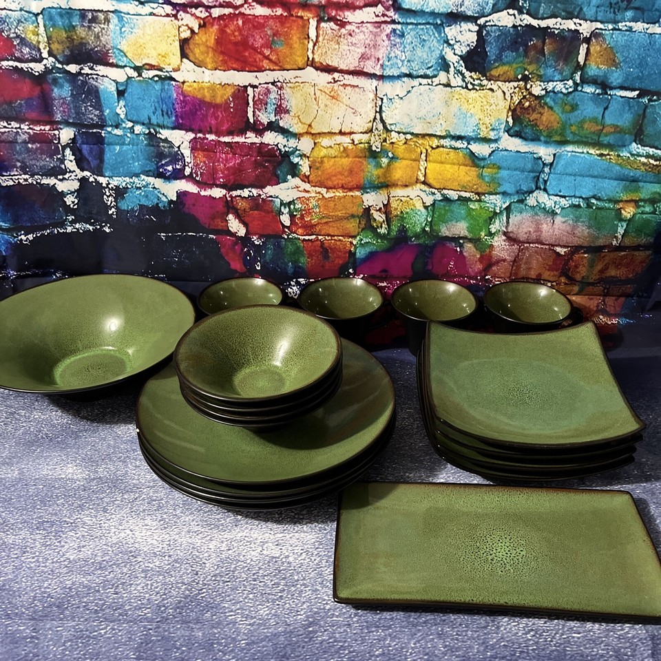 GABBAY Fusion WASABI Dinnerware Set of 11 Green Brown Trim STONEWARE