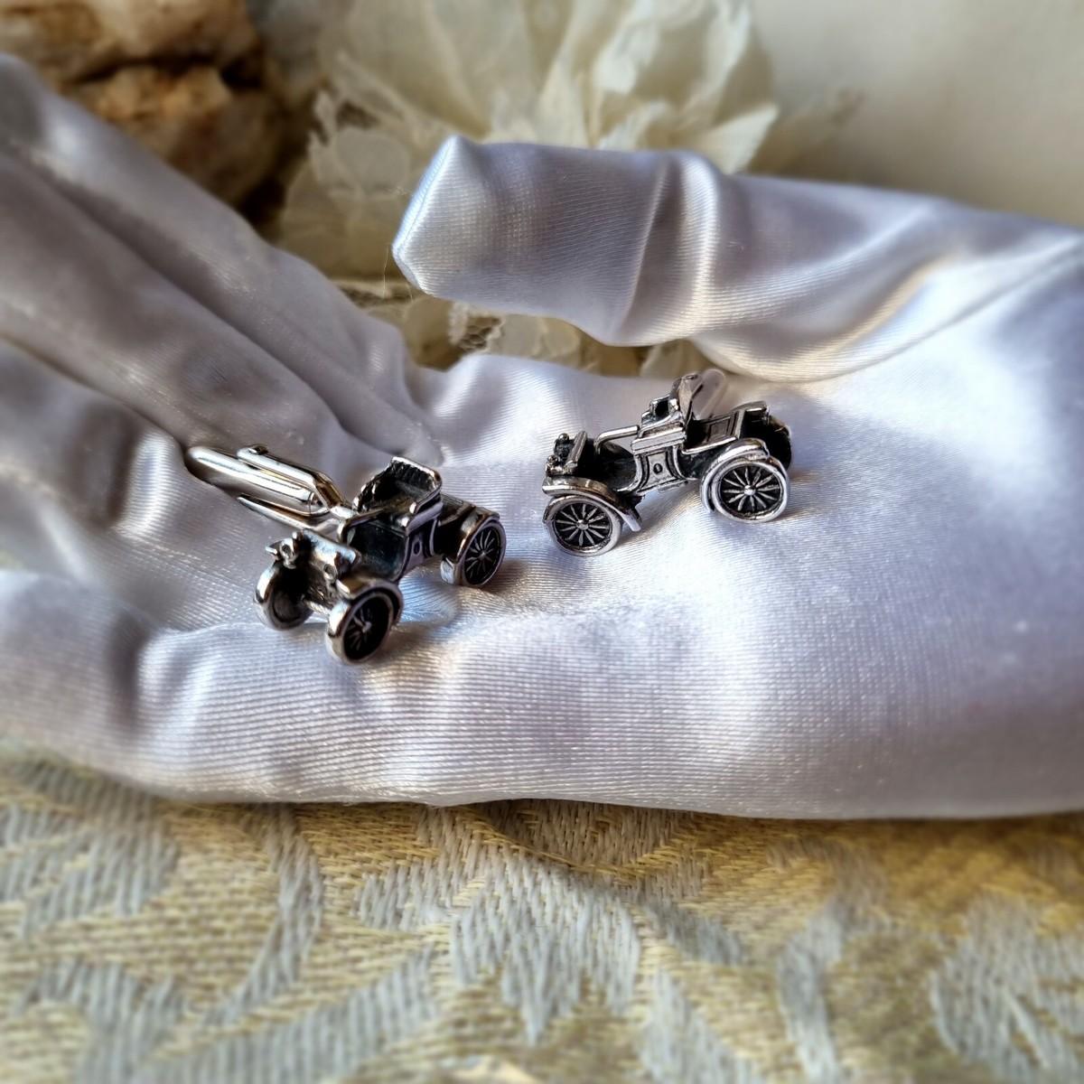 Boutons De Manchette Vintage En Argent Massif Avec Mécanisme Et Crabe - Très Bon état
