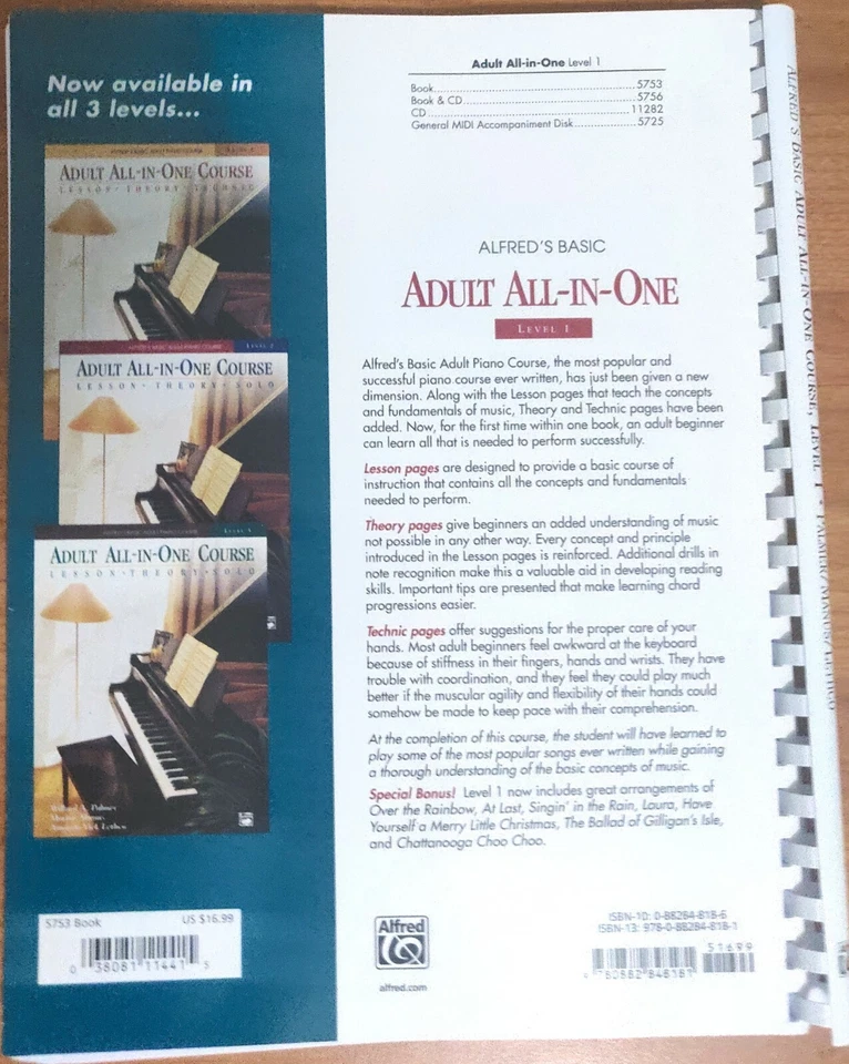 BOOK WITH CDs: Alfred's Basic Adult All-In-One Piano Course LEVEL 1 Palmer Manus - Image 3 of 4
