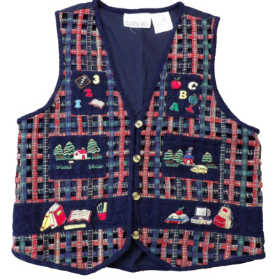 Vtg CASEY AND MAX Womens Quilted Teachers Blue Vest 90's Y2K Corduroy SZ Medium