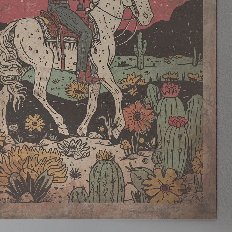 UNICORN COWBOY Wall Art, Retro Western Desert Flower Poster, Fantasy Horse Decor - Image 3 of 4