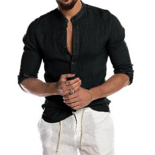 Herren Freizeit Lose Leinen Cardigan Shirt Ständer Kragen Langarm Blusen Tops - Bild 67 von 88