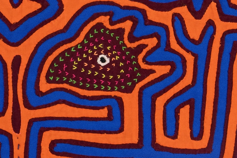 Kuna Indian Hand Stitch Orange and Blue Panama Mola Textile Art - Image 4 of 4
