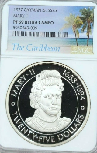 1977 CAYMAN ISLANDS SILVER 25 DOLLARS QUEEN MARY II NGC PF 69 ULTRA CAMEO TOP 