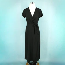 Babaton Artizia Size Small S Black Slit Wrap V Neck Short Sleeve Midi Dress