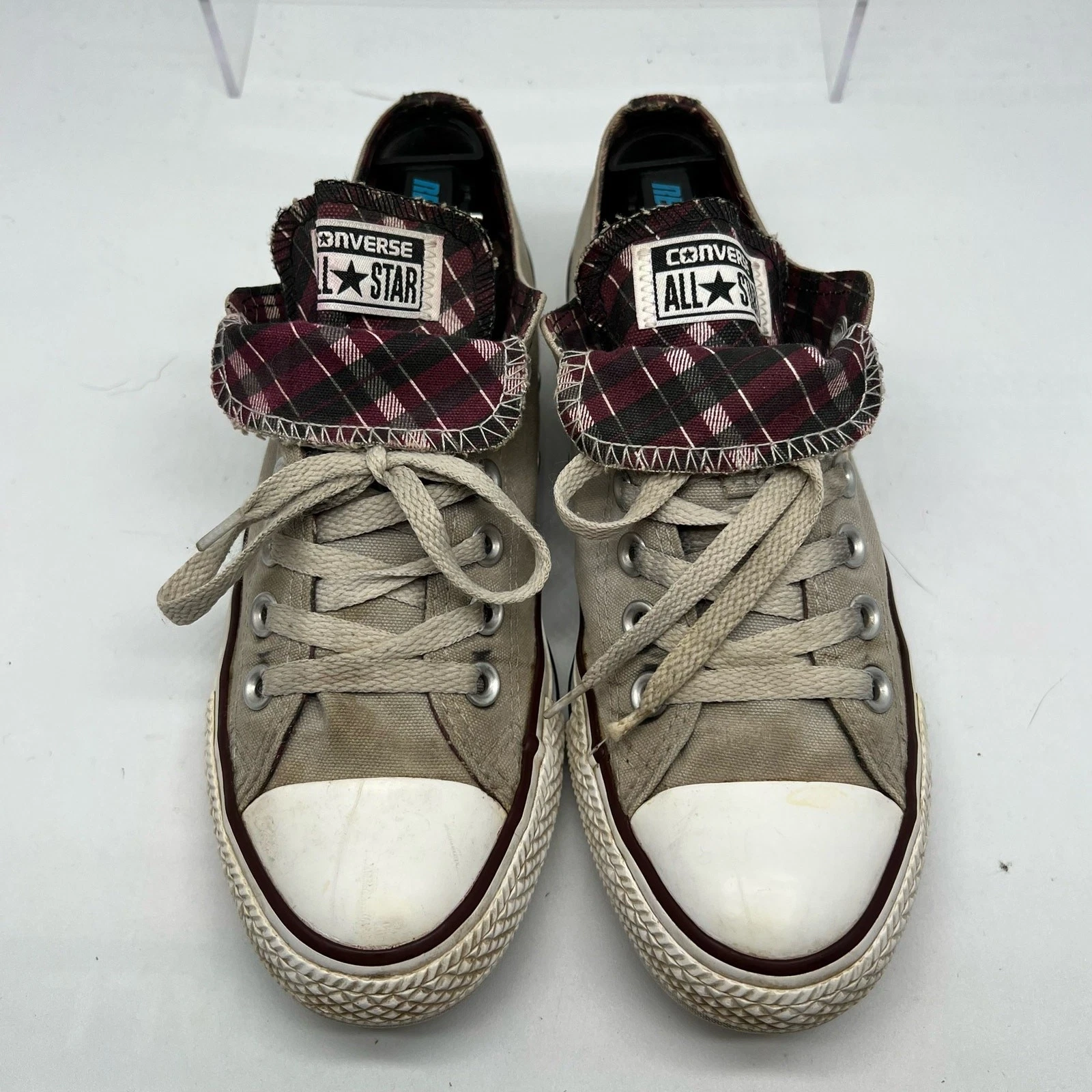 Scarpe Converse Donna 7 Chuck Taylor All Star Basse Beige Rosso Plaid Doppia Lingua