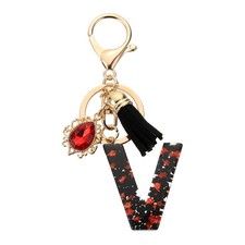 Initial Letter V Keychains, Resin Alphabet Key Ring with Tassel, Black/Red