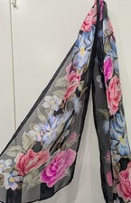 Vintage Head Scarf Floral Black Chiffon Pink Rose Iris Romantic Cottagecore