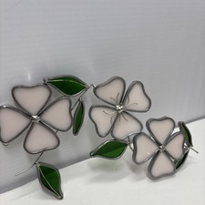 Stain Glass Sun Catcher Light Pink Four Leaf Style Flower Green Leaves 9 Long