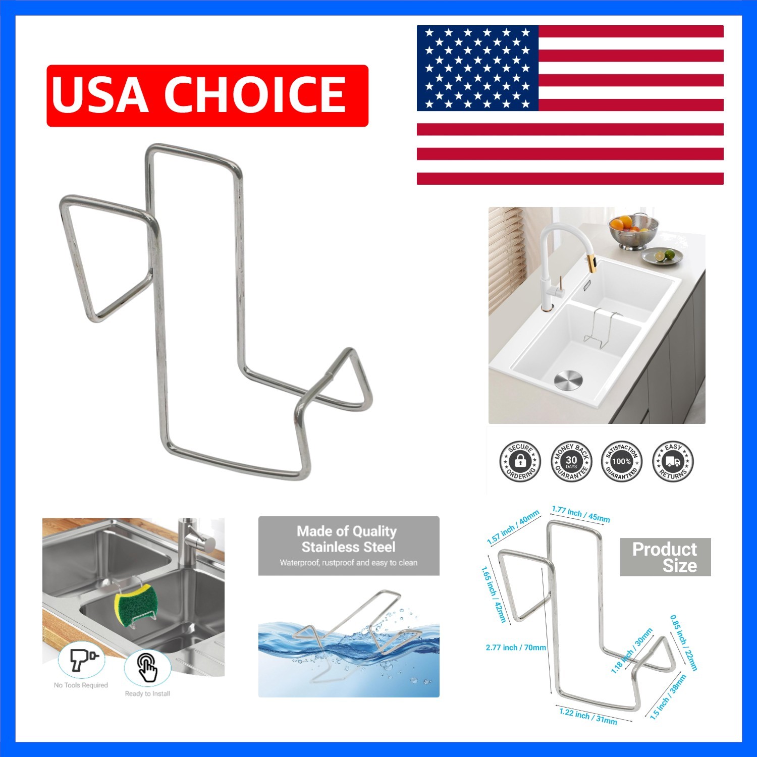 Hanging Sponge Holder, 1 Pack Stainless Steel Kitchen Sink Organizer, Movable...
