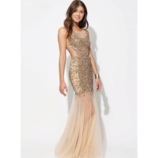 Jovani 78654 Nude Beaded Mermaid Gown Embellished Illusion Mesh Prom Dress EUC