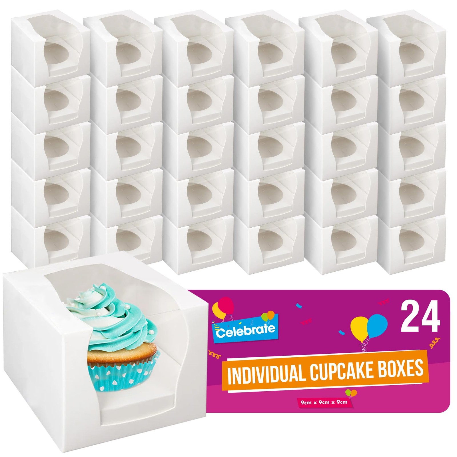 SOL 24pk Individual Cupcake Boxes 9x9x9cm Single 9x9x9cm, White