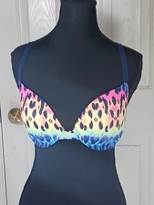 Victorias Secret Pink Rainbow Neon Leopard Festival  Rave Scene Push Up Bra 36C 