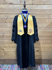 Doctoral Faculty Graduation Gown Regalia PhD Black Velvet Panels Gold Blue 51