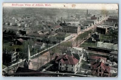 1912 Albion Michigan MI Vintage Postcard Birds Eye View Buildings Street Road