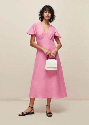 Whistles Kleid Rüschenärmel rosa UK 16 14 neu mit Etikett Midi Leinen Baumwolle UVP 139 £ gefüttert
