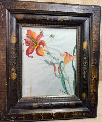 Antique ''Naive Floral Scene With Insects'' Watercolor Painting - Framed