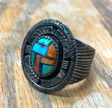 Vintage Native American Designer Multi Stone Inlay Ladies Ring Sterling Sz 8