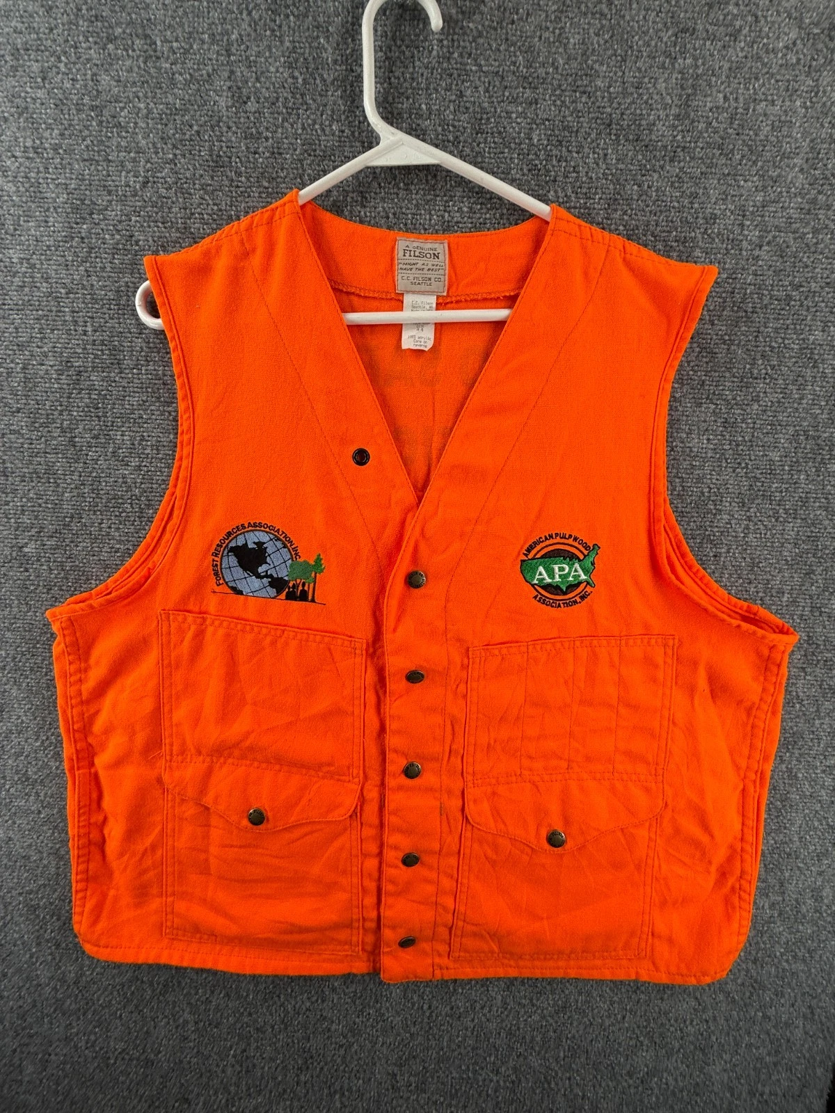 VTG CC Filson Blaze Orange Vest Style 12 Size 44 Snap Close Fish Game Forestry