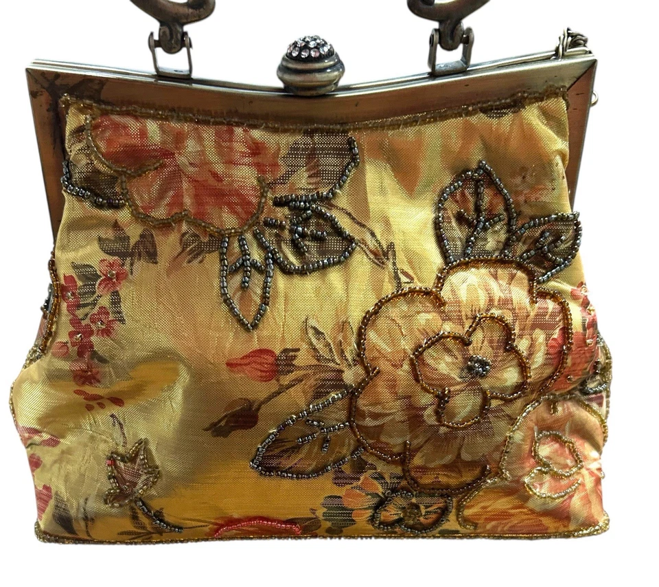 复古 IN’S 串珠金属花卉单肩包链带 Kiss 锁女式钱包 — 第 3/4 张图片