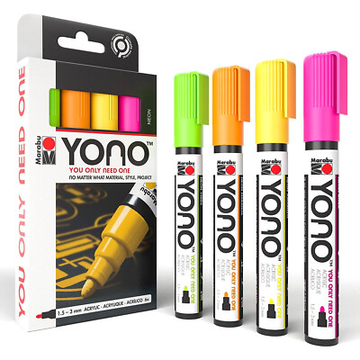 NEW! Marabu YONO 4pk Pens Acrylic Bullet Tip 3mm Paint Markers NEON Colours
