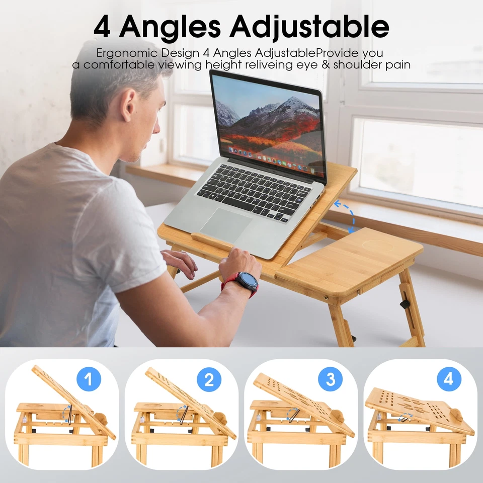 Lap Desk Bamboo Folding Bed Desk Adjustable Portable Tray Stand, 21"x13" - Image 4 of 4