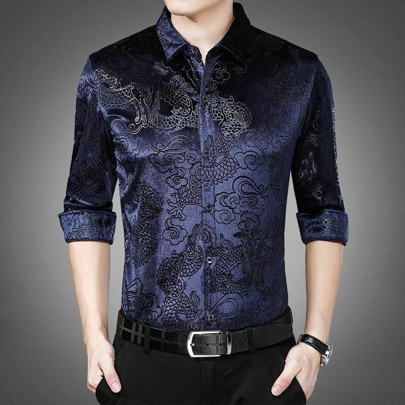 Men's Dragon Pattern Velvet Shirt Casual Long Sleeve Pleuche Top Formal