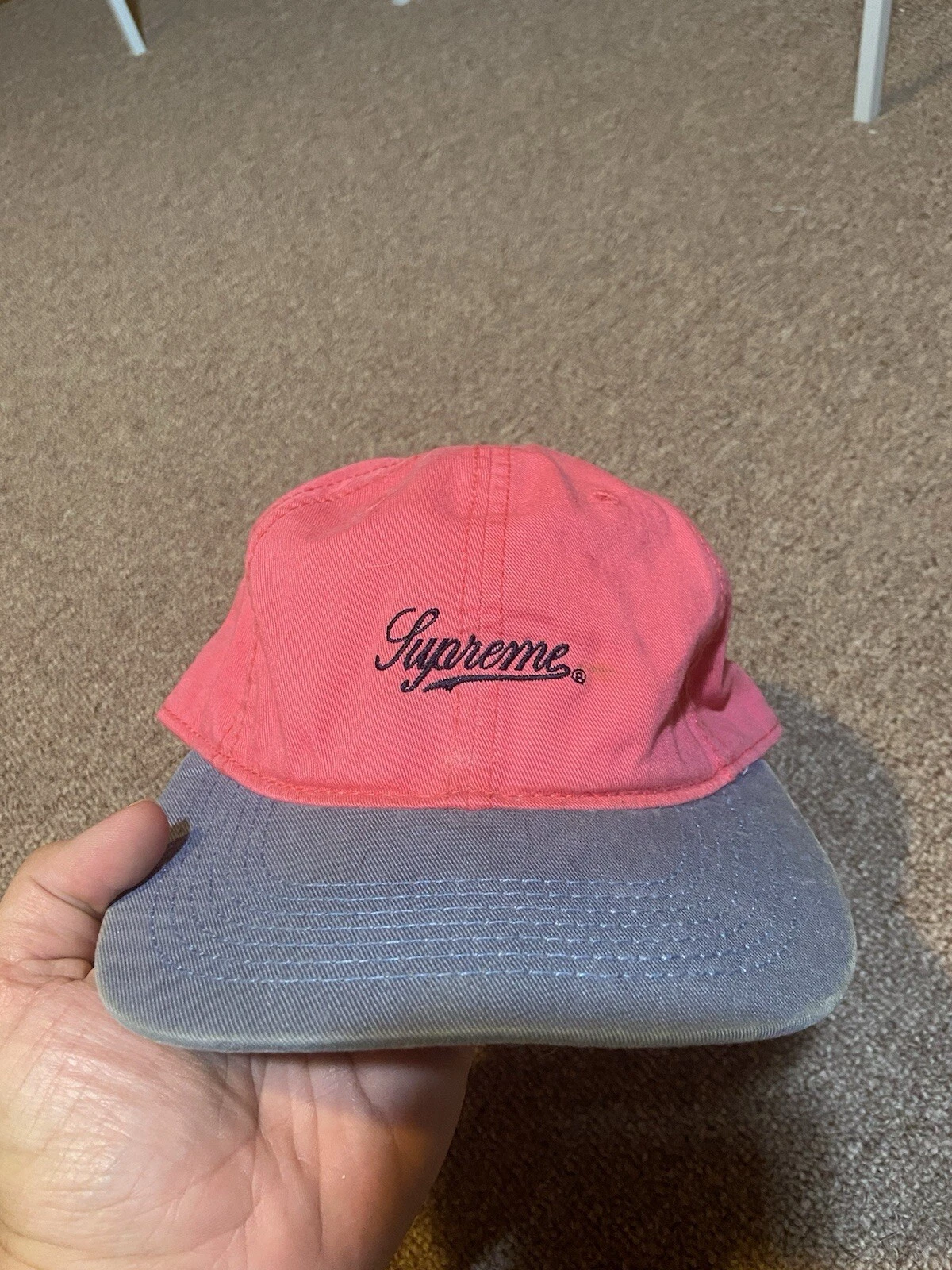 Supreme New York Pink And Blue Fitted Cursive Embroidered Size Large Hat