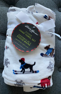 2 Pc. NWT Eddie Bauer Holiday Xmas Black Lab Dog Skis Snowflakes Hand Towels Set