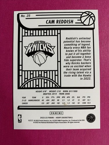 ๐ถ 2022-23 NBA Hoops Purple #25 Cam Reddish - New York Knicks - Picture 2 of 2
