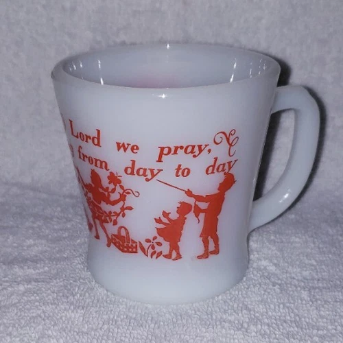 Vintage Fire King Bless This Food O Lord White Milk Glass D Handle Mug Cup