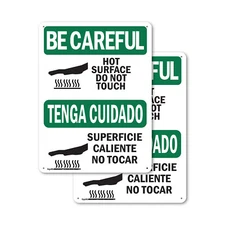 (2 Pack) Hot Surface Do Not Touch Bilingual OSHA Be Careful Sign Decal Metal