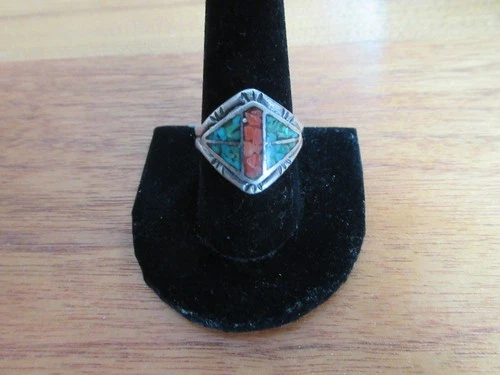 Vintage Native American Silver Turquoise Coral Inlay Ring Size 11