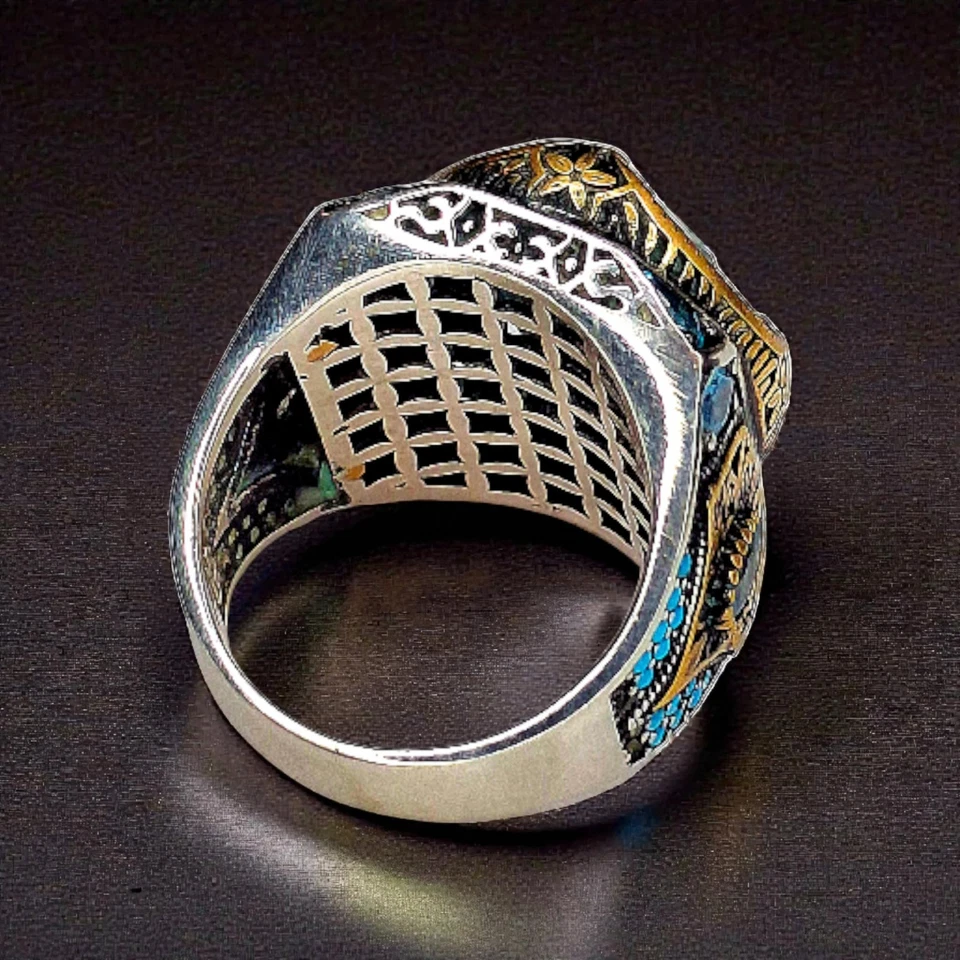 Anel turco feito à mão de jade, turquesa, latão e prata esterlina 0,925, tamanho 10,5. - Imagem 4 de 4