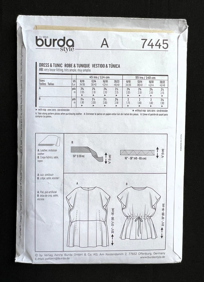 Burda 7445 Misses Dress and/or Tunic Very Easy 2010 Pattern size S-M-L-XL Uncut - Image 2 of 2