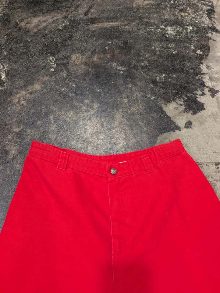 Pantalones de mezclilla acampanados rojos Saddleback años 70 RARO cinta ribete floral cintura de 30" Foto 3 de 4
