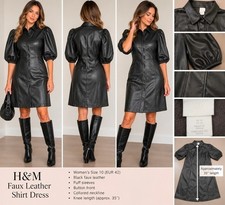 H&M Womens Size 10 Black Faux Leather Shirt Dress Puff Sleeve Button Front