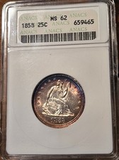 1858 (P) Seated Liberty Quarter Silver 25¢ ANACS Certified MS-62 Soapbox, Toning