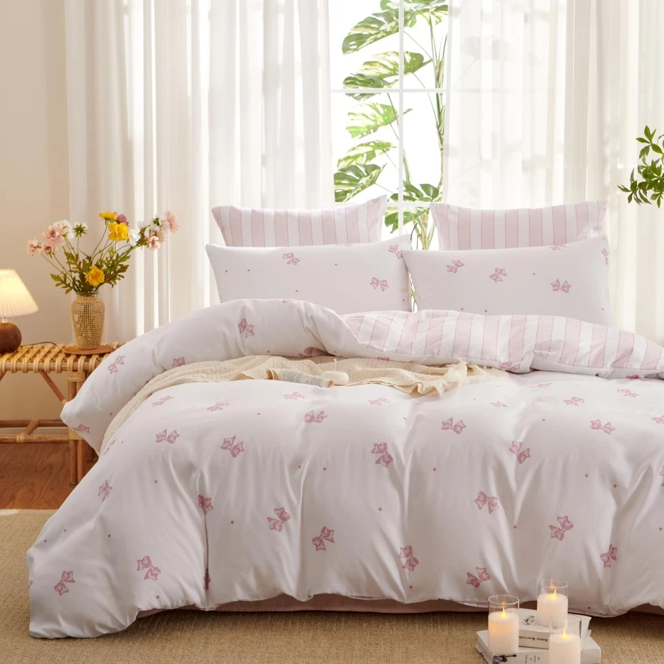 Pink Bow Duvet Cover Twin Size Reversible White Pink Bows Striped Bedding Set... - Image 2 of 4