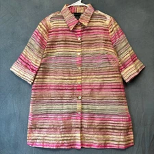 CitiKnits Sheer Seersucker Blouse Casual Button Down Striped Womens Small Artsy