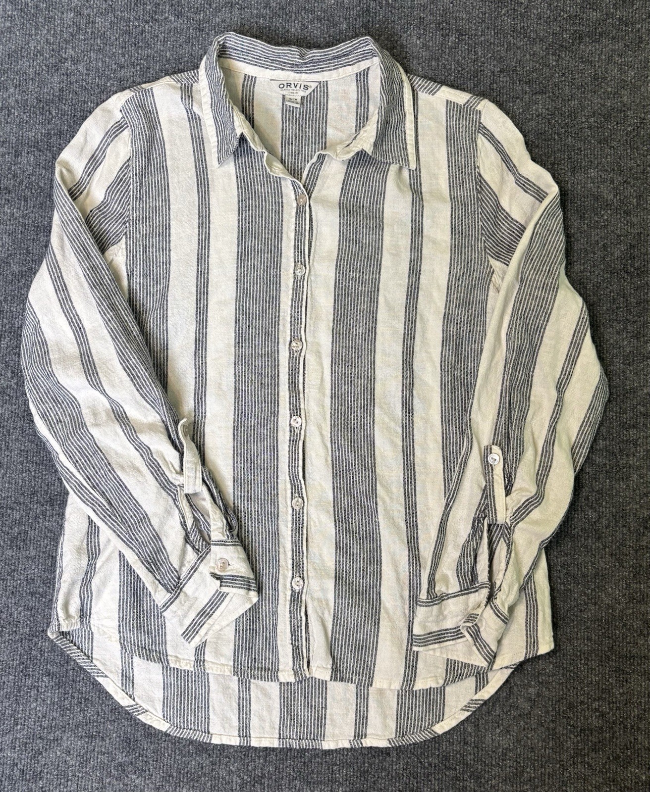 Orvis Button Up Shirt Womens Small Striped Linen Blend Top Roll Tab Long Sleeve