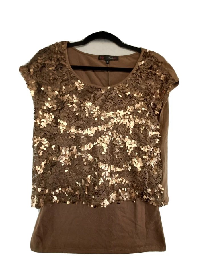 Heart Soul Top Womens Brown Medium Sequin Sleeveless Lace Round Neck Party - Image 2 of 4