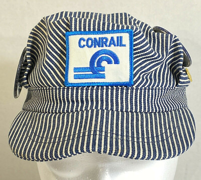 Youth Railroad Engineer Canvas Blue & White Striped Hat With Buttons Patch Pin