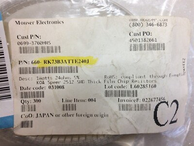 RK73B3ATTE240J KOA Res Thick Film 24 Ohm 5% ROHS 250 PIECES