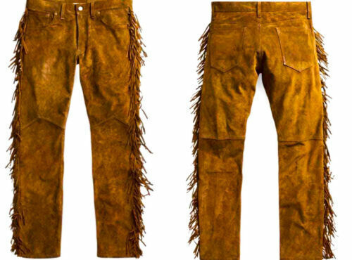 Mens New Brown Buckskin Suede leather Western Hippy Fringes Pants N8 - Afbeelding 1 van 3